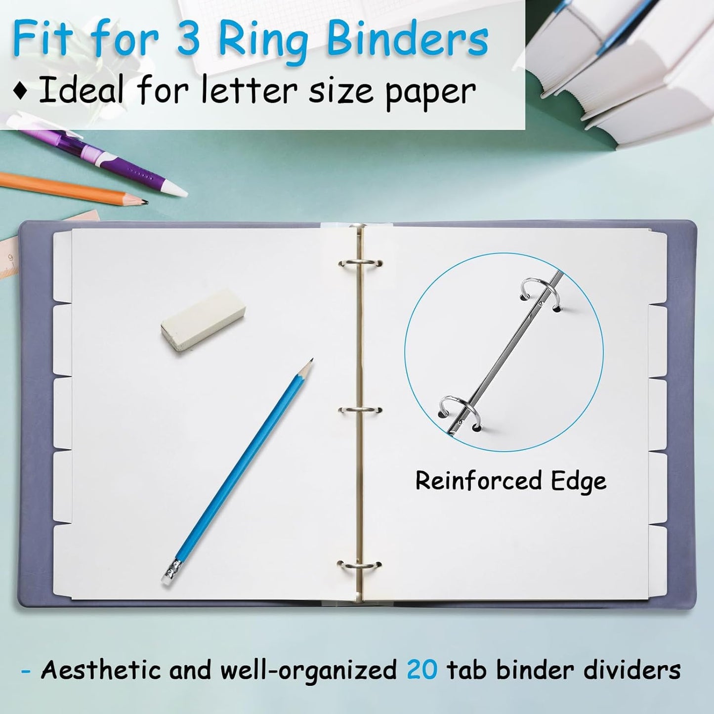 Binder Dividers for 3 Ring Binder, 1/5 Cut Tabs, Letter Size, Blank Write On Page Dividers with 5 Big Tabs for School Office Home, 4 Sets, 20 Dividers, White