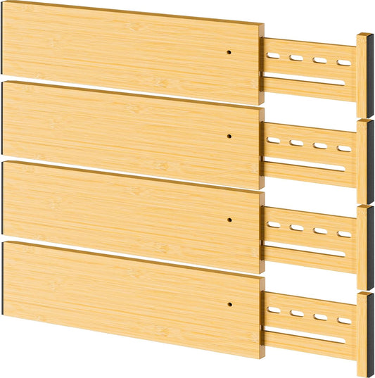 Bamboo Drawer Dividers 4" High, 16.5-22" Adjustable Drawer Organizers for Clothes,Expandable Dresser Separators in Bedroom/Kitchen/Bathroom/Office Organization and Storage,4 Pack