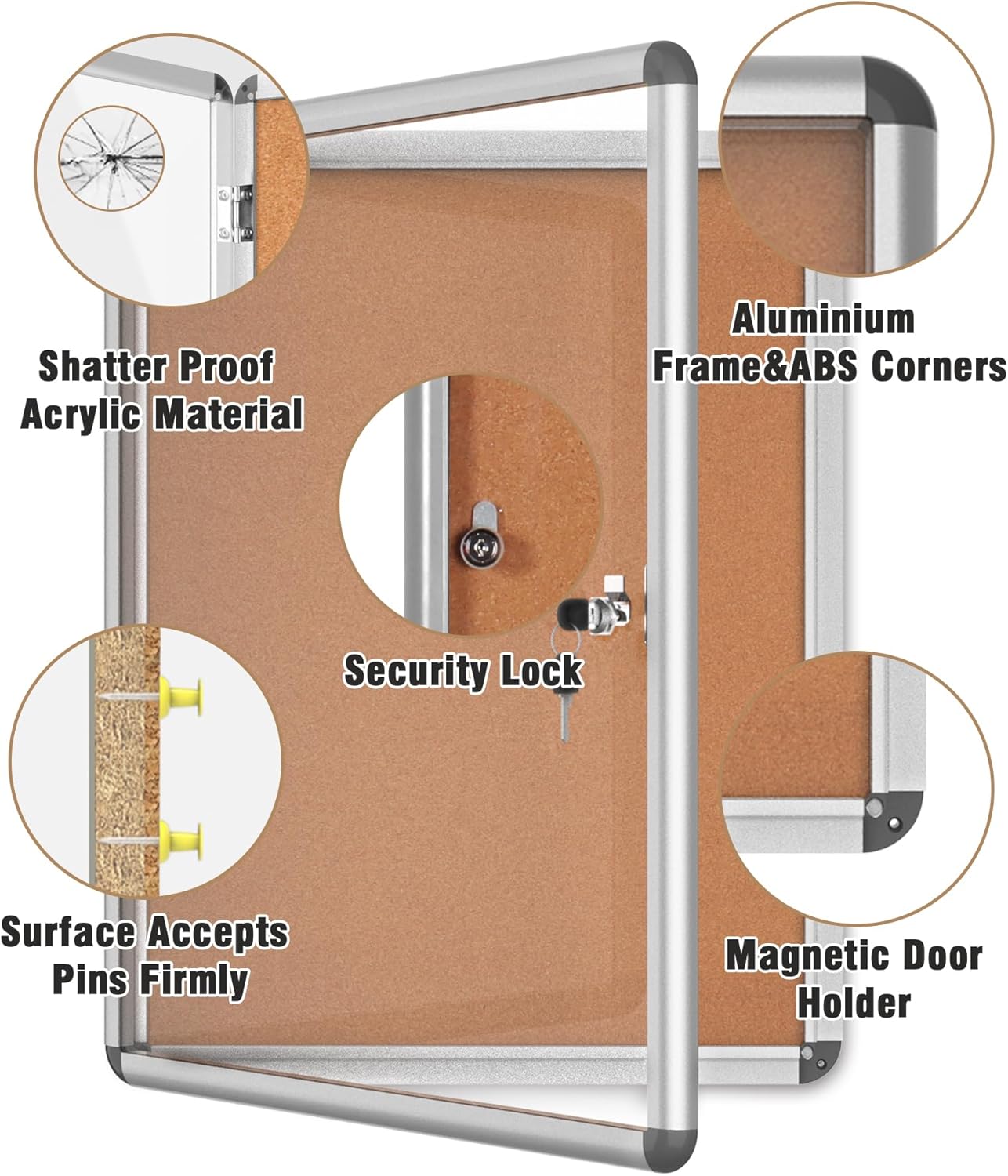 26"x20" Enclosed Bulletin Board, Lockable Weather-Resistant Aluminum Cork Noticeboard for School & Office, Silver Frame w/Cork