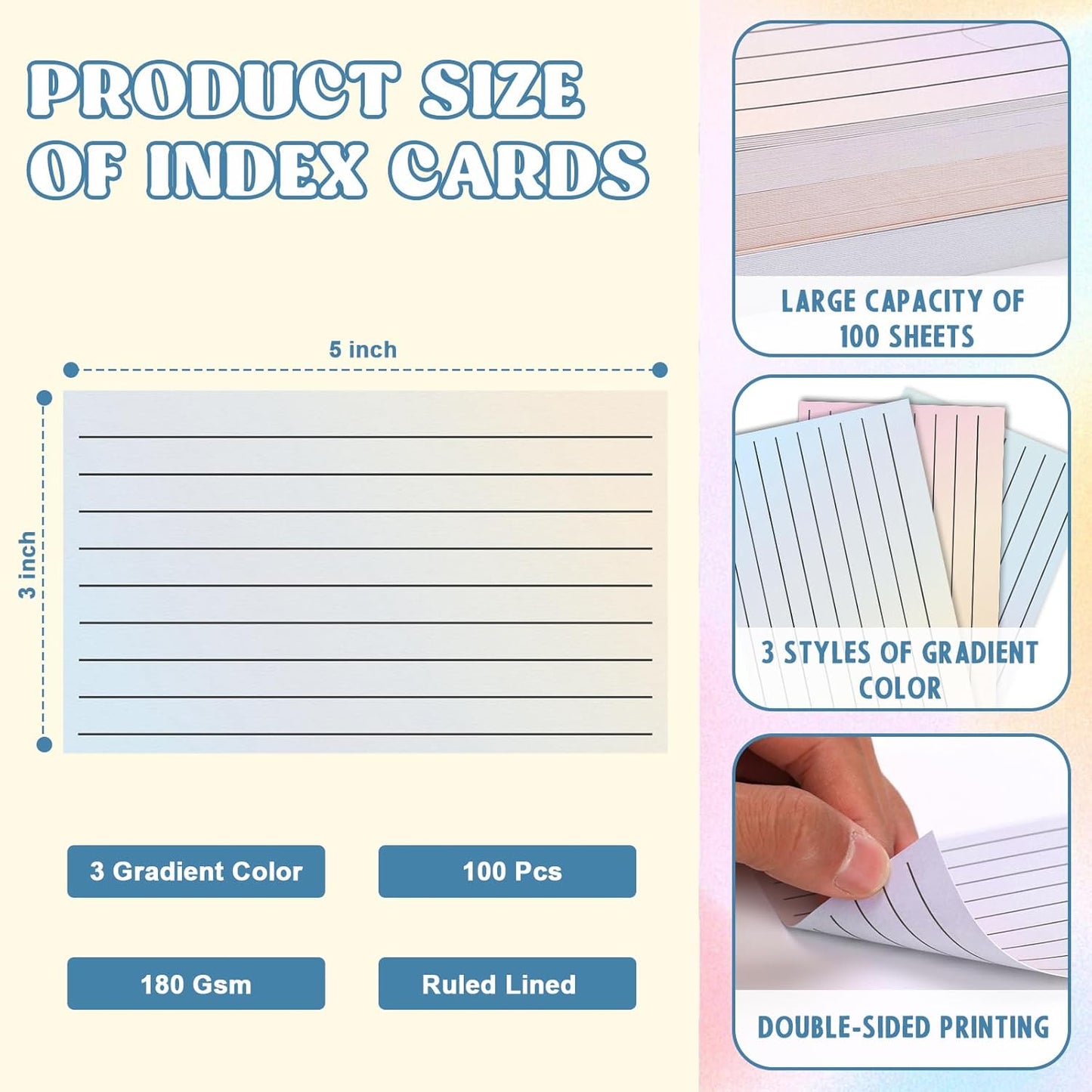 100 Pack Ruled Index Cards 3x5 Gradient Colored Index Cards Heavy Weight Note Cards 180gsm Flashcards Double Sided Notecards Lined Recipe Cards for Studying Drawing