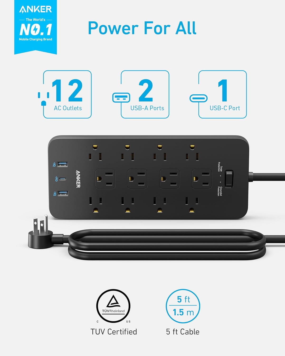 Anker Power Strip Surge Protector (2100J), 12 Outlets with 2 USB A and 1 USB C Port for Multiple Devices, 5ft Extension Cord, 20W Power Delivery Charging for Home, Office, Dorm Essential, TUV Listed