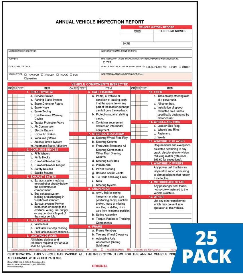 J. J. Keller 25-Pack, Annual Vehicle Inspection Report Forms, 3-Ply Carbonless Form, DOT Compliant