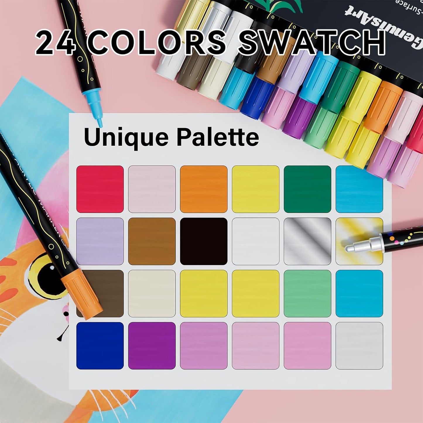 24 Colors Acrylic Paint Pens, Acrylic Paint Markers Dual Tip, with Dot Tip and Fine Tip, Acrylic Markers for Rock Painting, Wood, Canvas, Fabric, Paper, DIY Crafts Making Art Supplies (24)