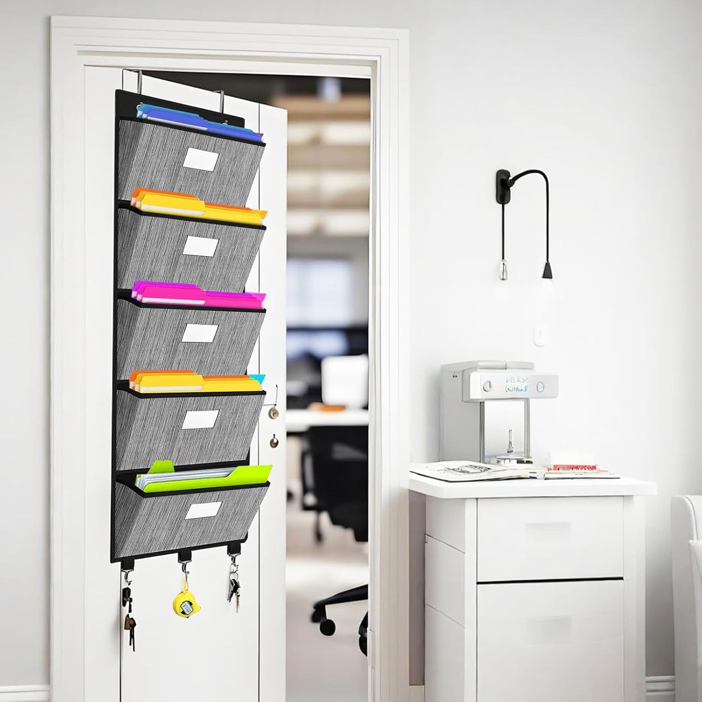 homyfort Over the Door File Organizer, Hanging File Folders, Wall Organizers and Storage for Mail, Magazine, Notebooks, Planners, Office, Classroom, 5 Extra Large Pockets, 50.39” Tall (Black)