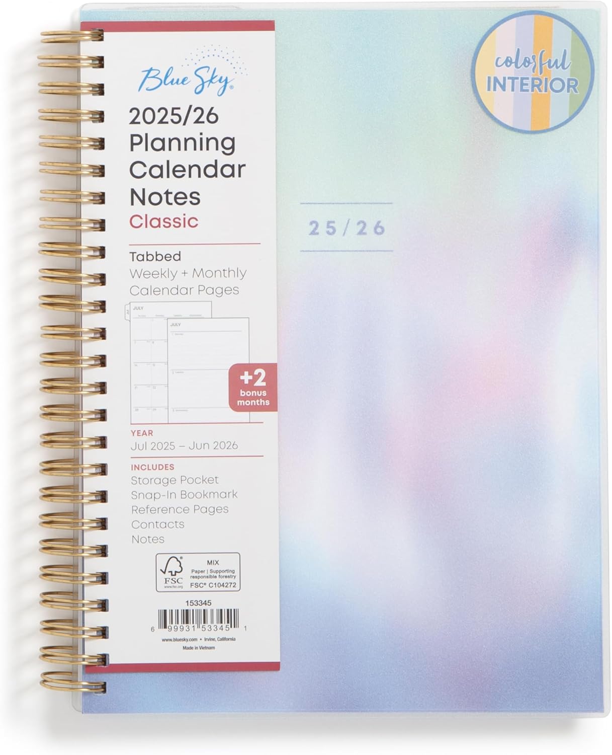 Blue Sky 2025-2026 Academic Year Weekly and Monthly Planner Calendar, July 2025 - June 2026, 12-Month, 5.8" x 8.6", Flexible Cover, Wirebound, Laminated Tabs, Storage Pocket, Borealis