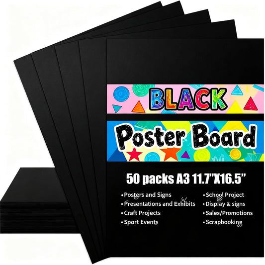 50 Pack A3 Black Poster Board, 300 GSM, 16.5 x 11.7 Inches, DIY projects, presentations, school projects, event decorations, Not for Printer (50)