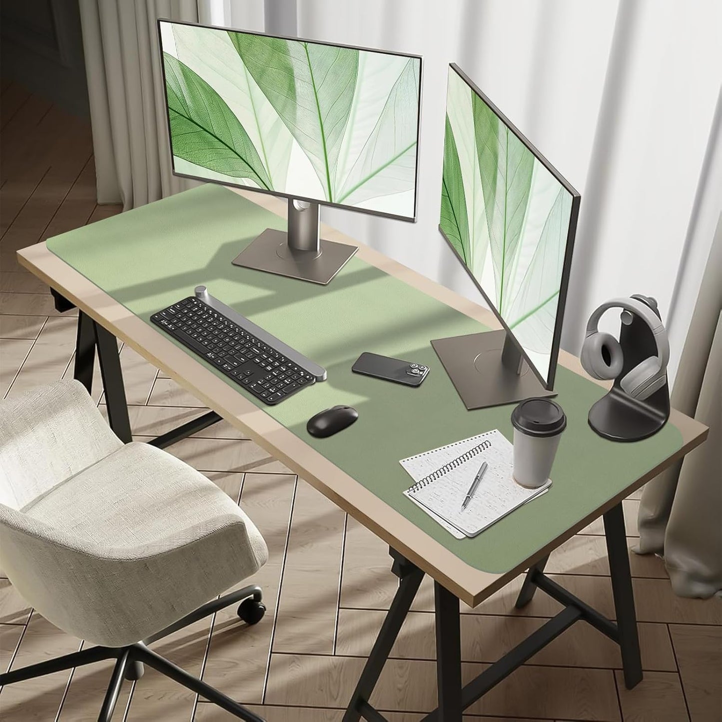 Bloss 47.2" x 16.9" Large Desk Mat, Leather Mouse Keyboard Pad, Non-Slip Writing Pad, Desk Protector for Office, Home - Light Green