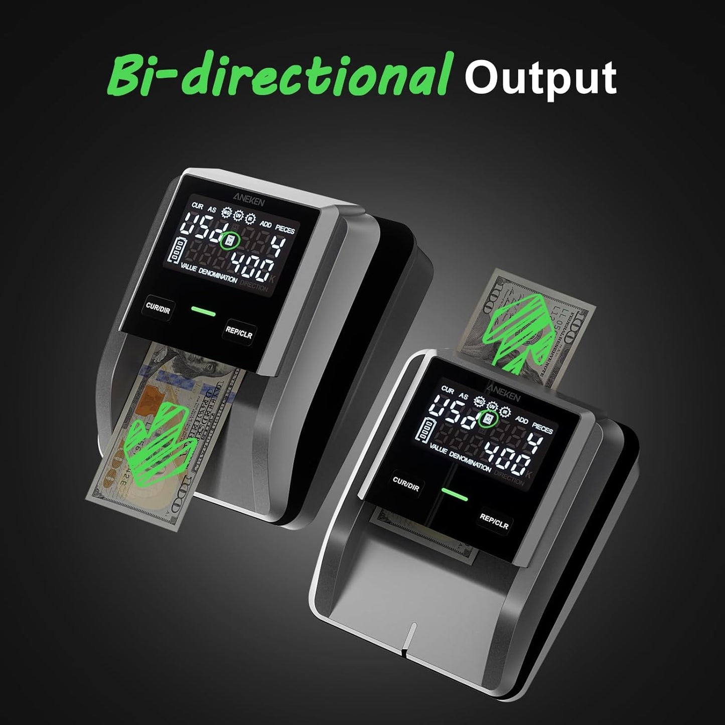 Aneken AL-139 Counterfeit Bill Detector with 2.8" Digital Screen, Total Value & Add Function, 4-Way Orientation & Traceable Records Counterfeit Money Detector, Compatible with USD/EUR/GBP/MEX
