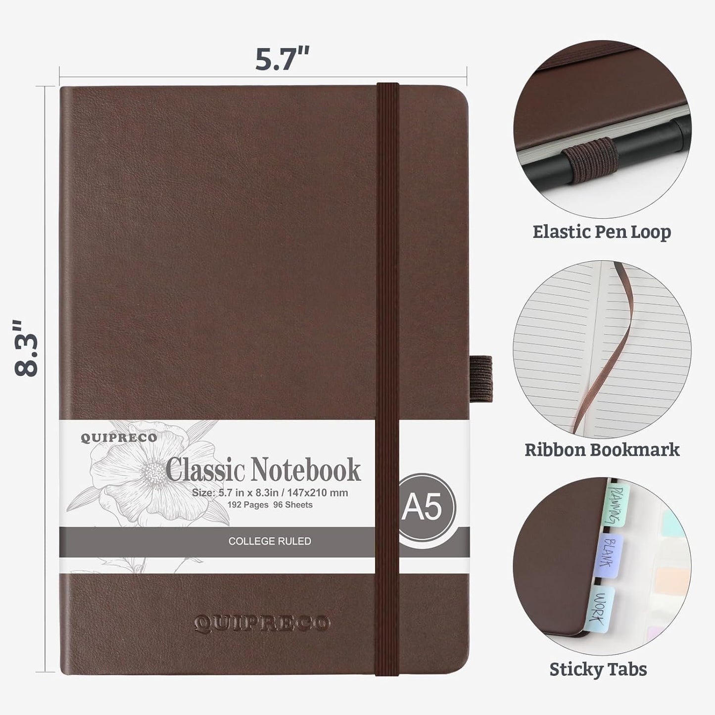 2Pack Lined Hardcover Journal Notebook, A5 192 Pages 100Gsm Thick Paper College Ruled for School,Note Taking,Work,Diary，5.7"*8.3",Brown