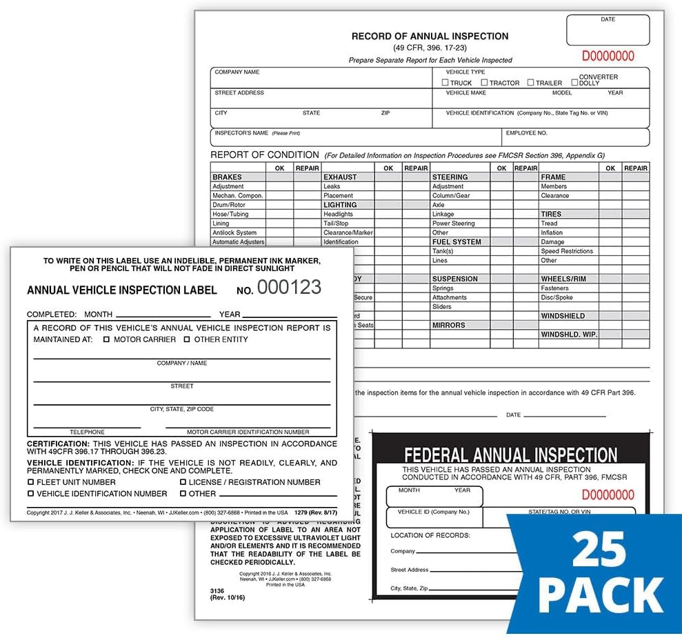 J. J. Keller 25-Pack, Record of Annual Inspection Form with Inspection Decal & Prenumbered Vinyl Adhesive Label 2-Ply, 2-Ply Carbonless Form, DOT Compliant