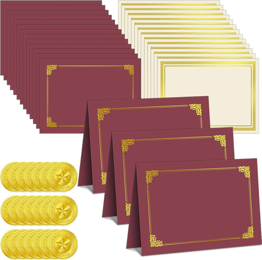 150 Pcs Certificate Kit Include 50 Certificate Holders 50 Paper and 50 Embossed Seal Stickers Diploma Covers for Graduation, Competition Supplies(Dark Red)