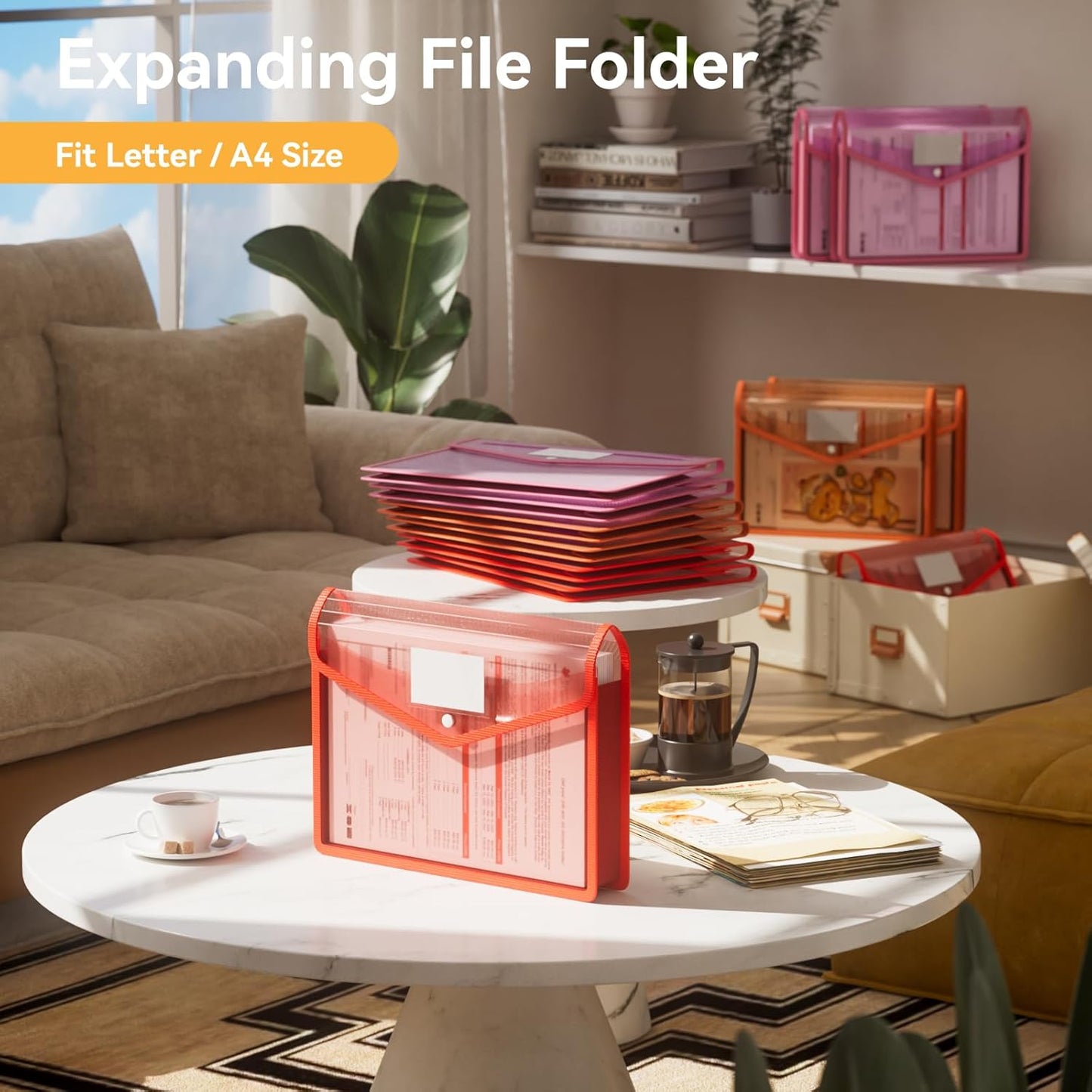 ABC life 6 Pack Plastic Expanding File Folder, Folders for Documents with Snap Closure, Colorful File Folder Organizer Holder, Transparent, Large Capacity, Fit Letter/A4 Size - Warm Pink