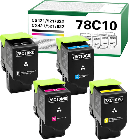 78C10 CS421 CS521 High Yield Toner Cartridge Compatible for Lexmark CS421 CS521 CS622 CX522 CX421 CX622 CX625 Printer with 78C10K0 78C10C0 78C10M0 78C10Y0（4 Pack）