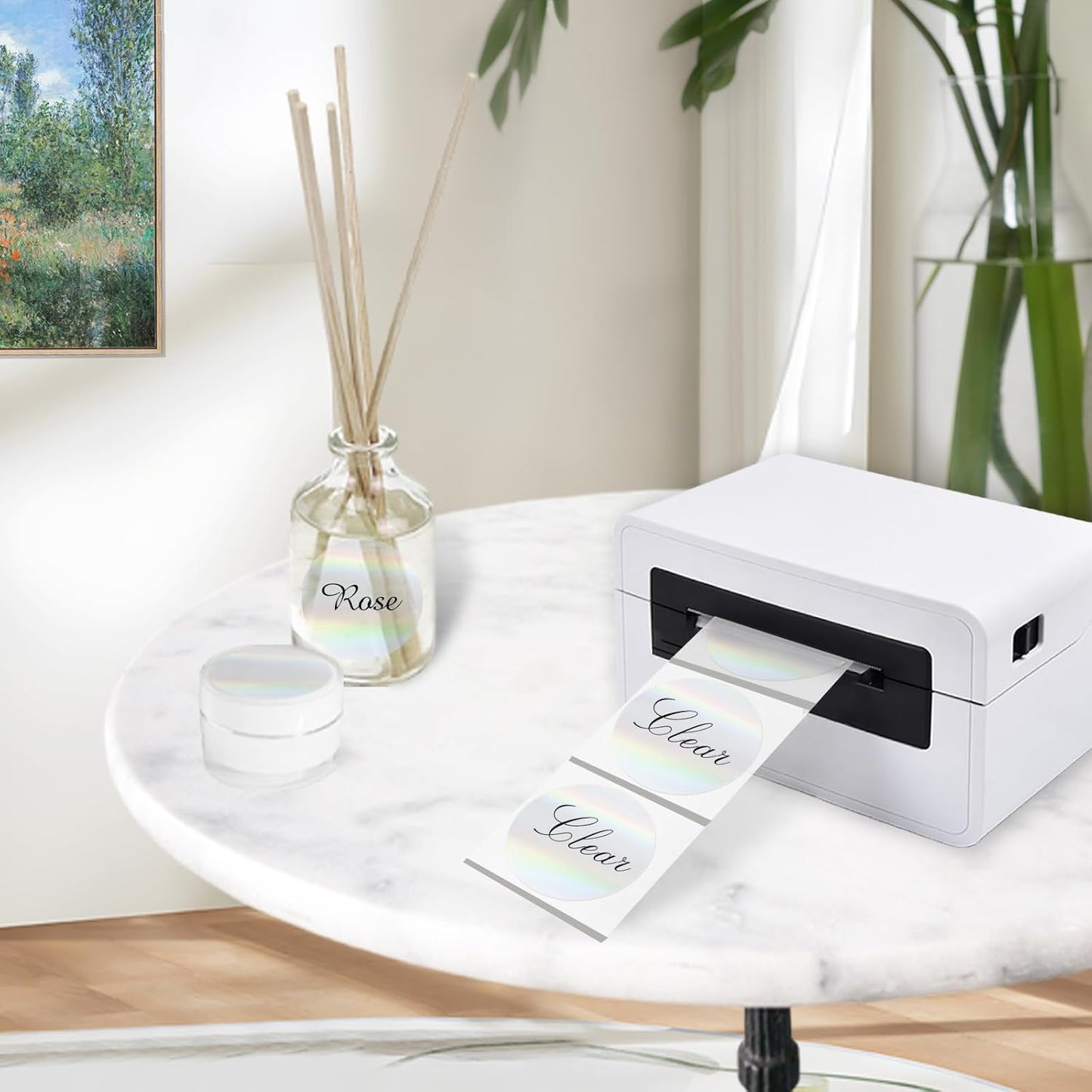 2" Round Transparent Thermal Label Stickers, Holographic Clear Self-Adhesive Direct Thermal Labels, Perforation Line Design& Waterproof- 300 Sheets