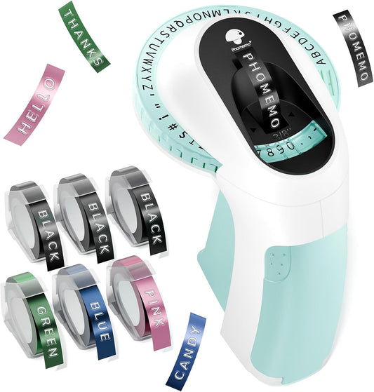 Phomemo Embossing Label Maker Machine with 6 Rolls Embossed Label, 3D Vintage Label Makers, Retro Embosser Labeling, Old School Emboss Labeler Ideal for Home, Kitchen, Office & DIY Crafts (Green)