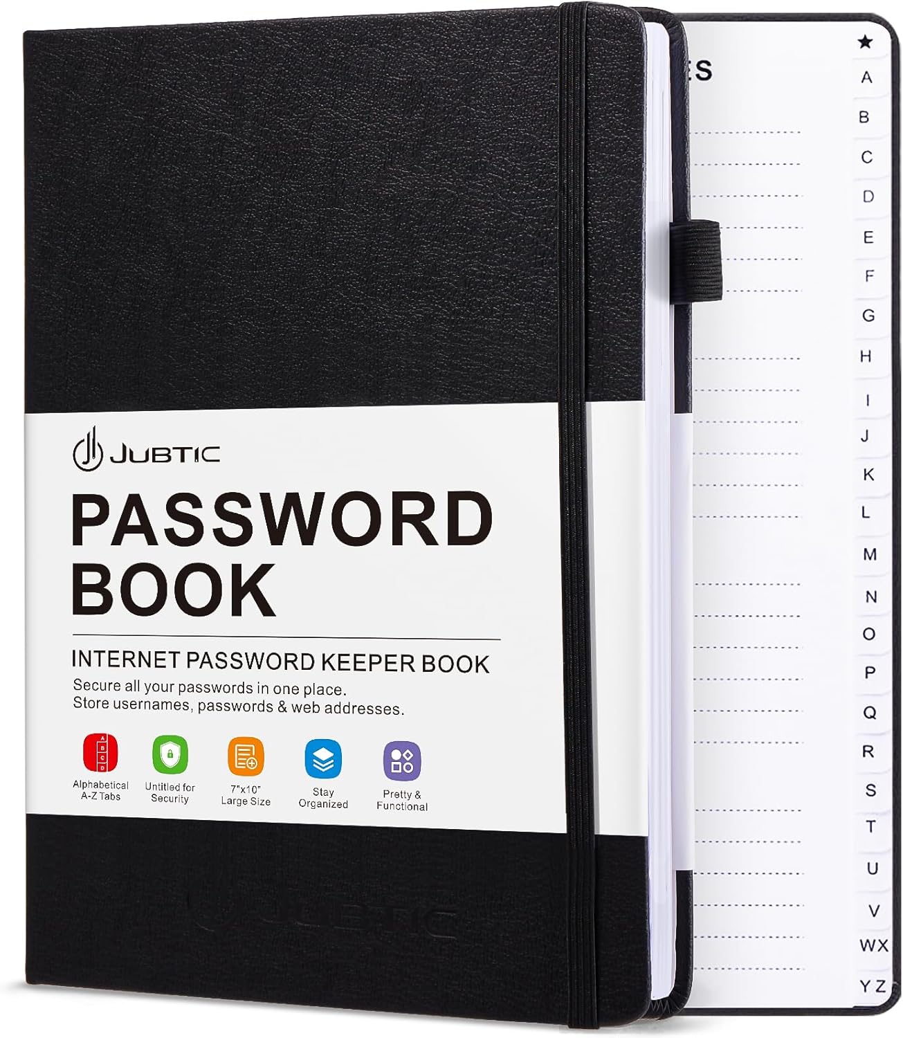 JUBTIC Password Book with Individual Alphabetical Tabs, 7"x10" Internet Password Keeper Book for Seniors, Password Notebook and Organizer/Notes Section, Black