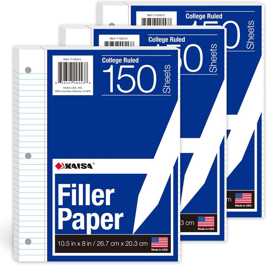 Kaisa3 Pack Notebook Paper College Ruled 3-Hole Punched Loose Leaf Paper 8x10.5 Lined Paper College Ruled Filler Paper for 3-Ring Binder Paper 150 Sheets/Pack (3 Pack-college) F15001C-3pk