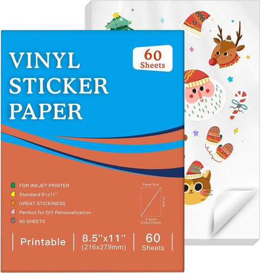 60 Sheets Premium Printable Vinyl Sticker Paper for Inkjet Printer, Glossy White Waterproof, Dries Quickly, Vivid Colors, Tear Resistant, 8.5x11 Inkjet Vinyl Sticker Paper Great for Cutting Machines