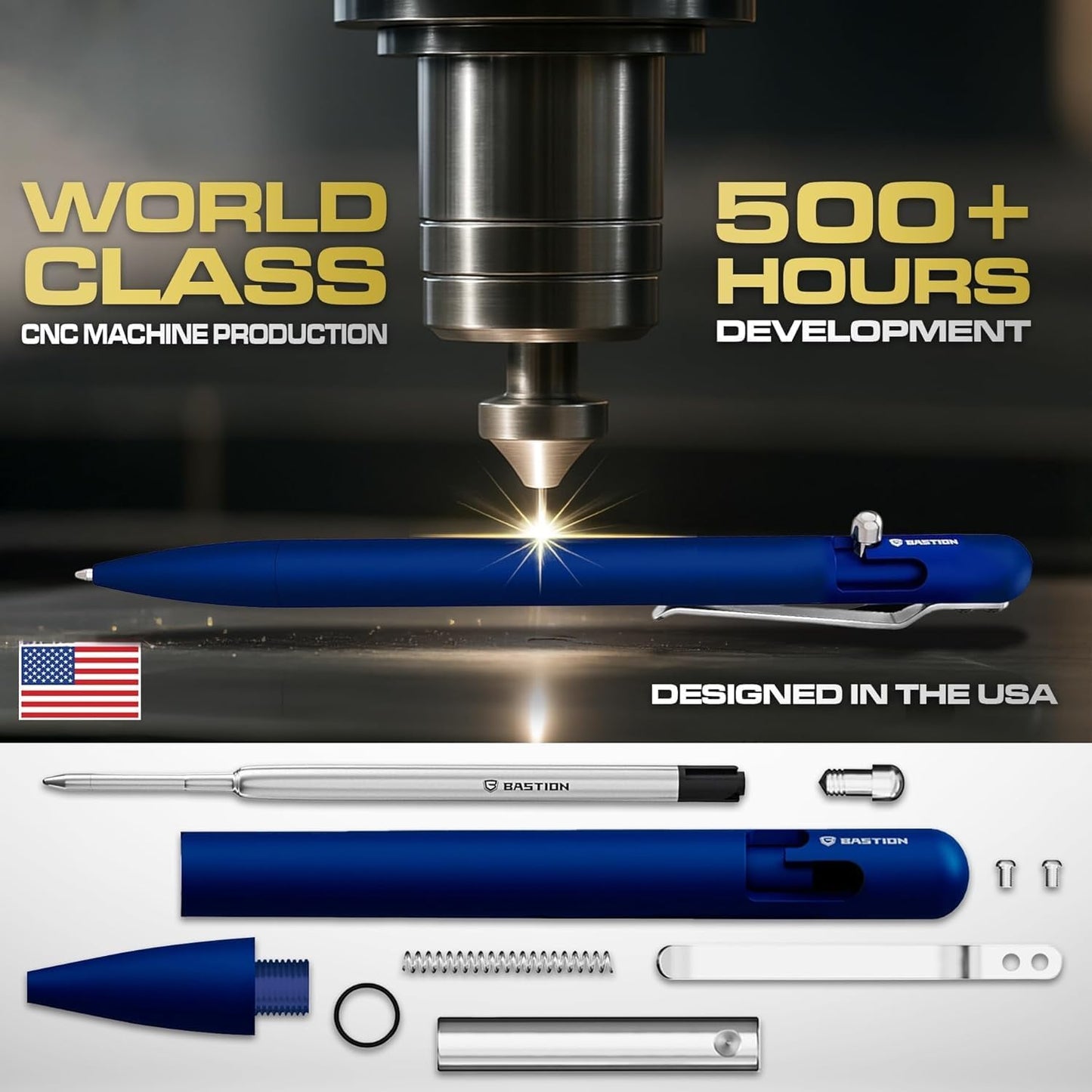 BASTION® Luxury Slim Bolt Action Pen, Lightweight Aluminum EDC Pen with Fine Tip, Professional Ballpoint Pen for School and Work - Blue