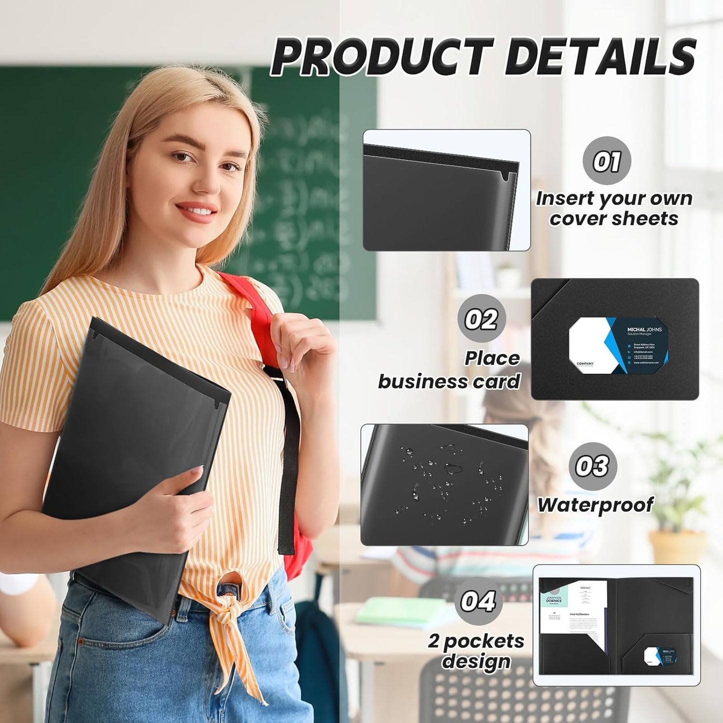 Henoyso 60 Pcs Plastic Folders with Clear Front Pockets Heavy Duty File Folders with 2 Pockets and Card Slot for Student Communication School Office Presentation Report (Black)