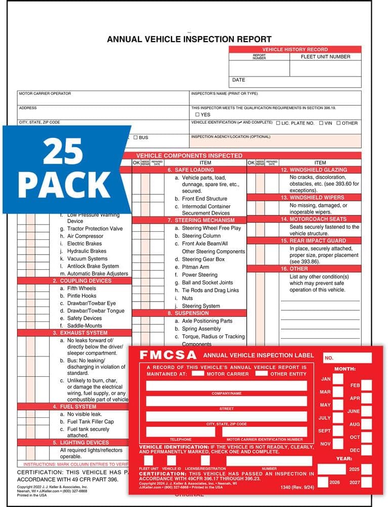 J. J. Keller 25-Pack, Annual Vehicle Inspection Report Form & Red FMCSA Label Aluminum, 3-Ply Carbonless Form, DOT Compliant