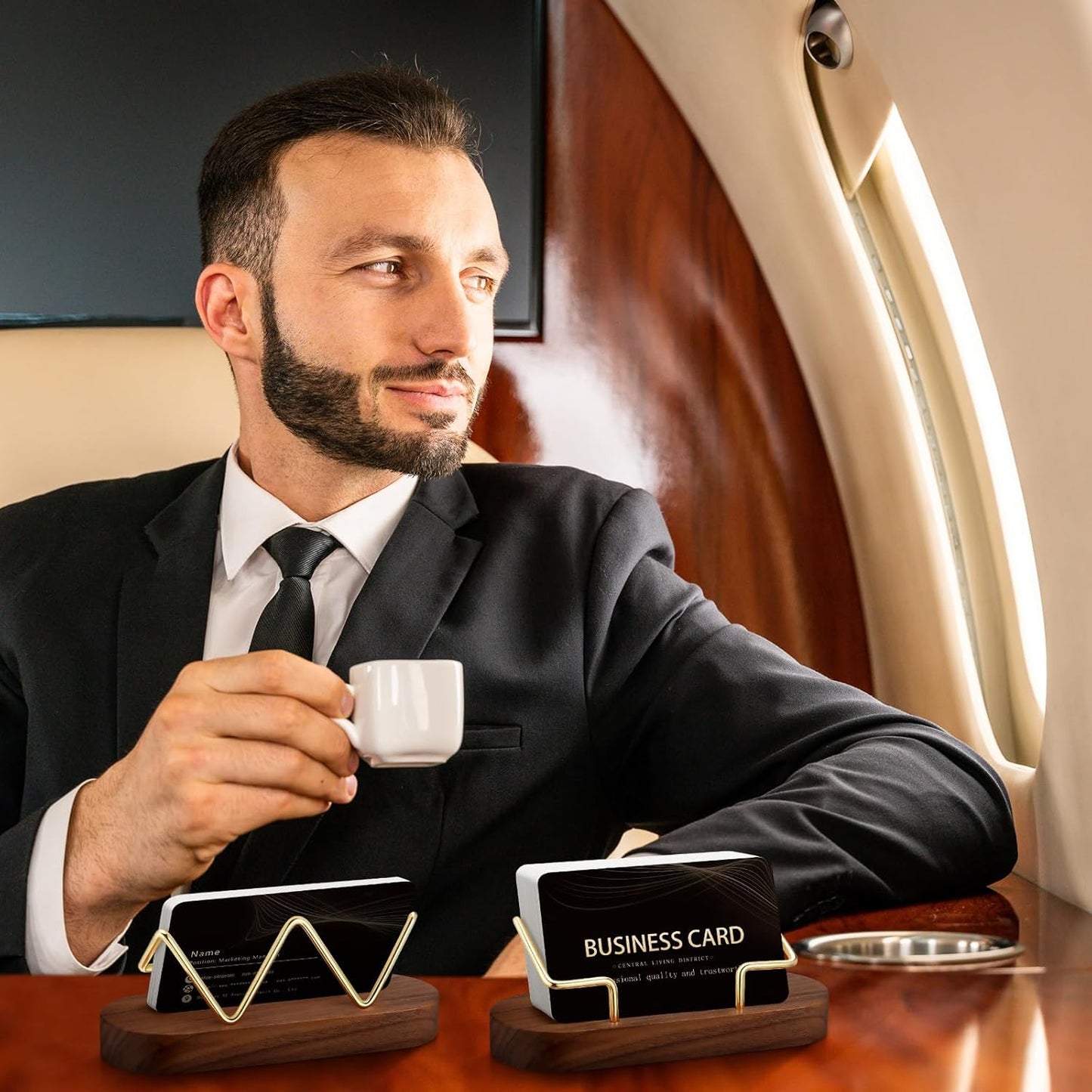 Amyhill 2 Pieces Wood Business Card Holder for Desk Wooden Business Card Display Stand Postcard Holder for Office Home Desktop(Brown)