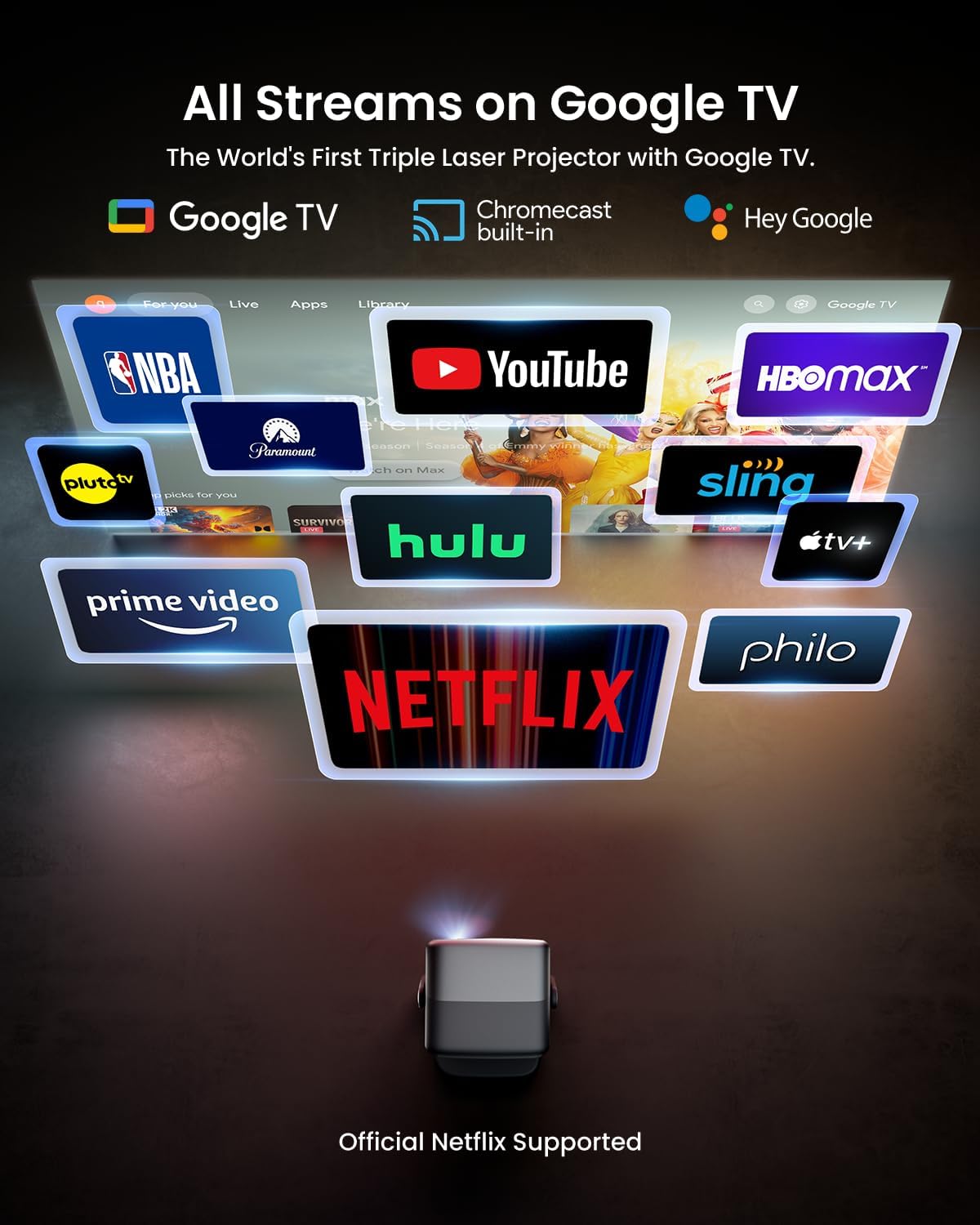 JMGO N1S Ultra 4K Triple Laser Projector with Ceiling Mount