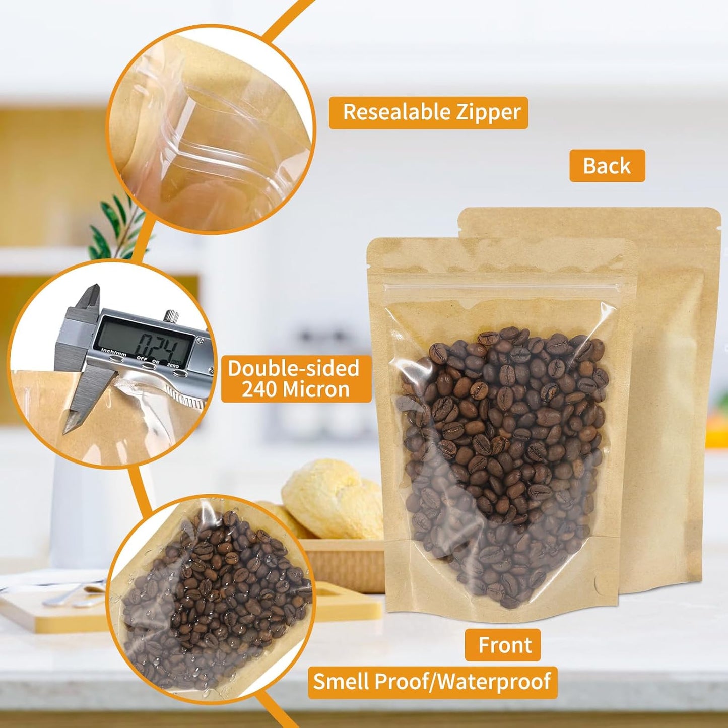 100 PCS Resealable Bags, Stand Up Kraft Bags with Window Clear Front Pouches, Zipper Lock Food Storage Bags 7.08×10.23 Inch Reusable Sealable Bags for Packaging