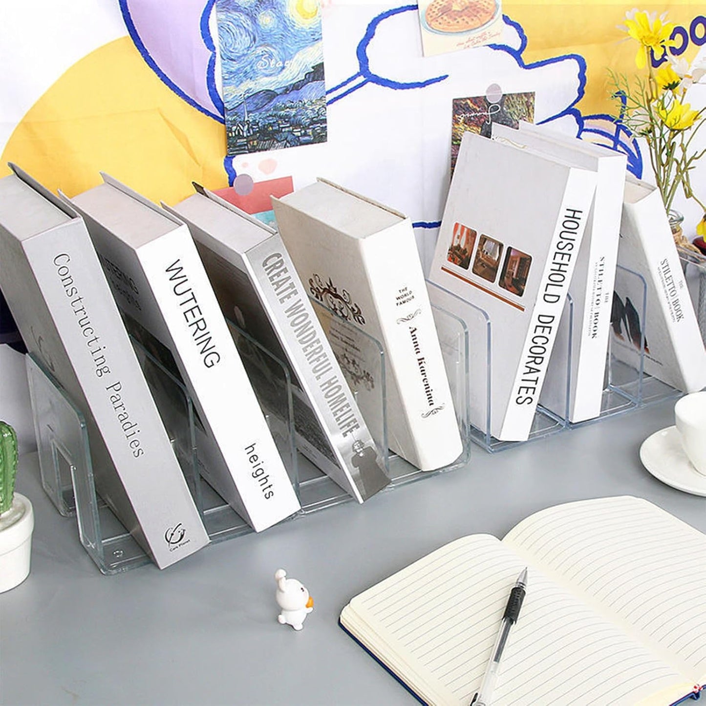 2PCS Acrylic File Organizer for Desk, Desktop Document/Mail Organizer, 4 Compartments Plastics Invisible Bookshelf Floating (12.5" x 5.7" x 5", White)