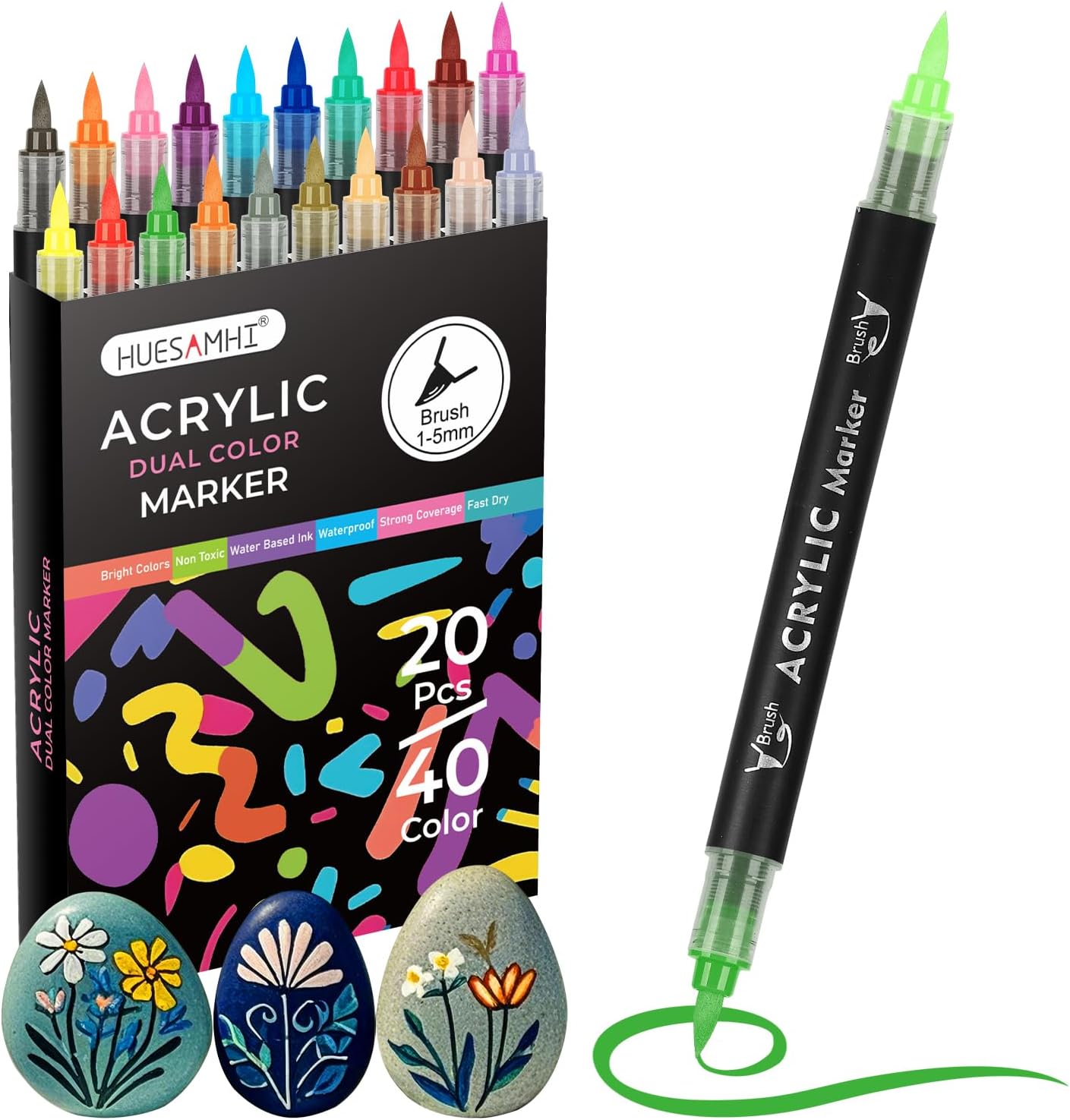 Acrylic Paint Markers 40 Colors 20 PCS Dual Tip Acrylic Markers for Adult Coloring Books No Bleeding Ideal for Glass,Ceramic,Wood,Canvas,Stone,Fabric, Rock Painting, Art Supplies