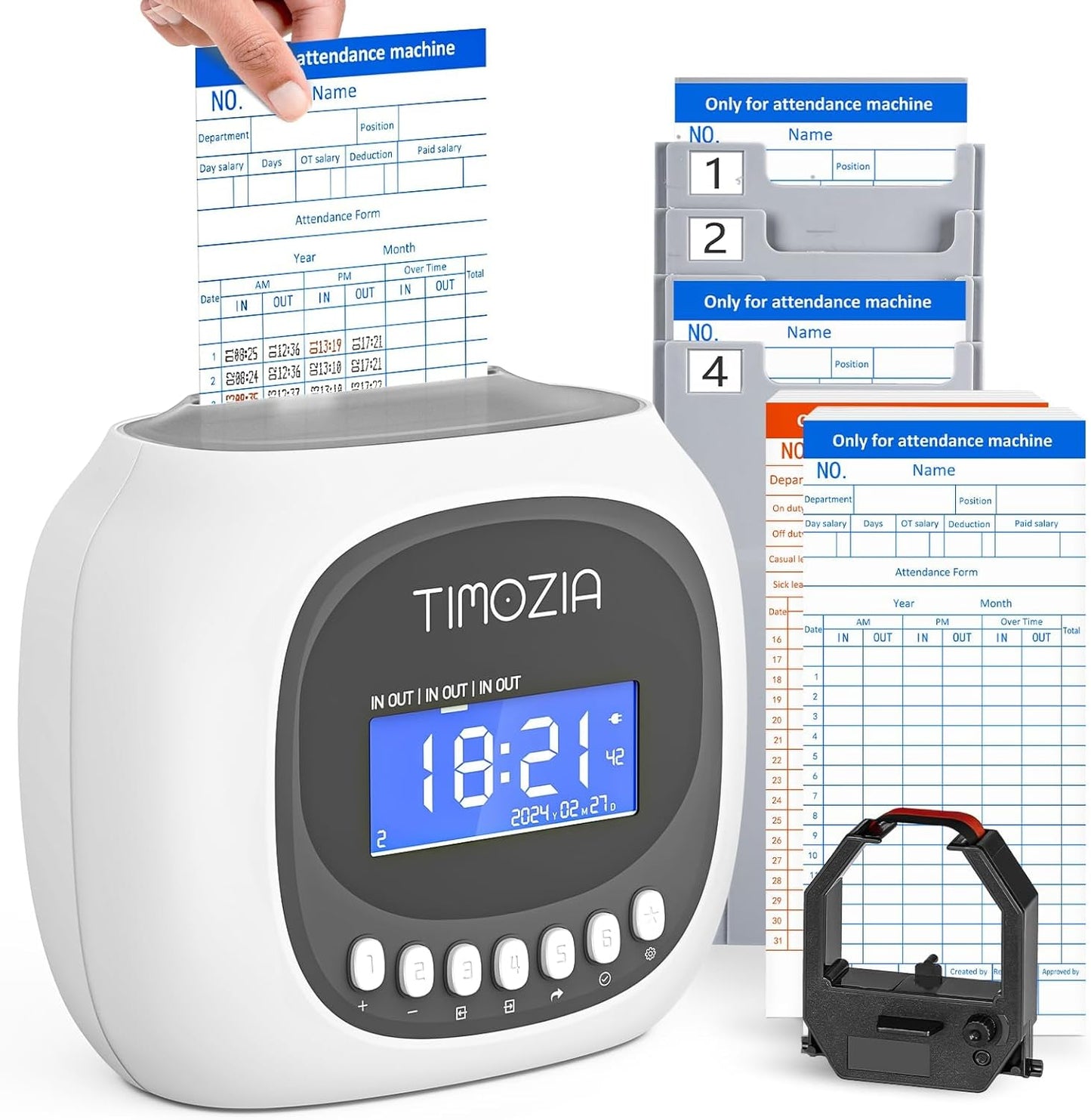 Time Clock with Passcode, Auto-Align Time Card Machine, 6 Punches per Day Time Clock Punch Machine with 100 Time Cards, 2 Ink Ribbons and 4 Racks(White, Military Time)