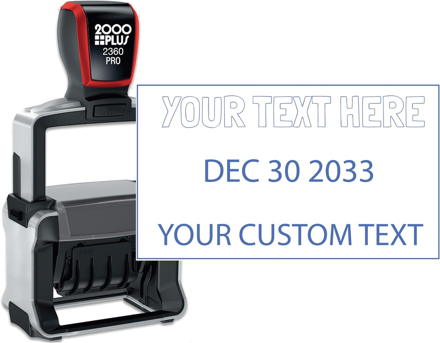 Heavy Duty Date Stamp with 2-Line Custom Text, 2000 Plus 2360 Self Inking Stamp - Choice of Ink Color (Black)