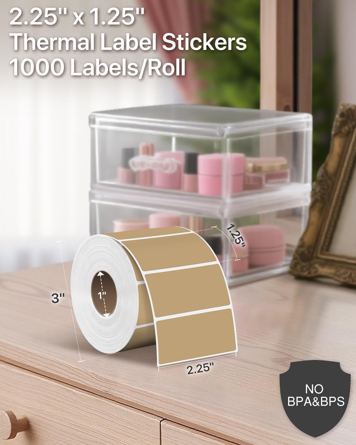 iEager 2.25x1.25 Inch Thermal Labels, Brown Durable Thermal Printer Stickers, Self-Adhesive Rectangle Shipping Label Printer Sticker for Barcode, Name, Address, 1000 Labels/Roll