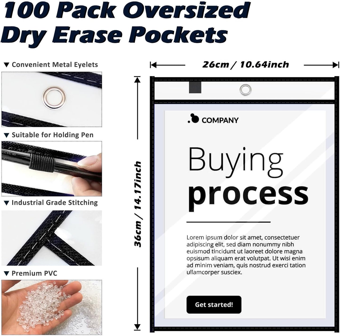 100 Packs Dry-Erase Pockets Bulk Oversized Reusable Dry Erase Pocket Sleeves with 6 Rings, 10x14 Black Ticket Holders, Clear Plastic Sheet Protectors, Teacher School Classroom Supplies