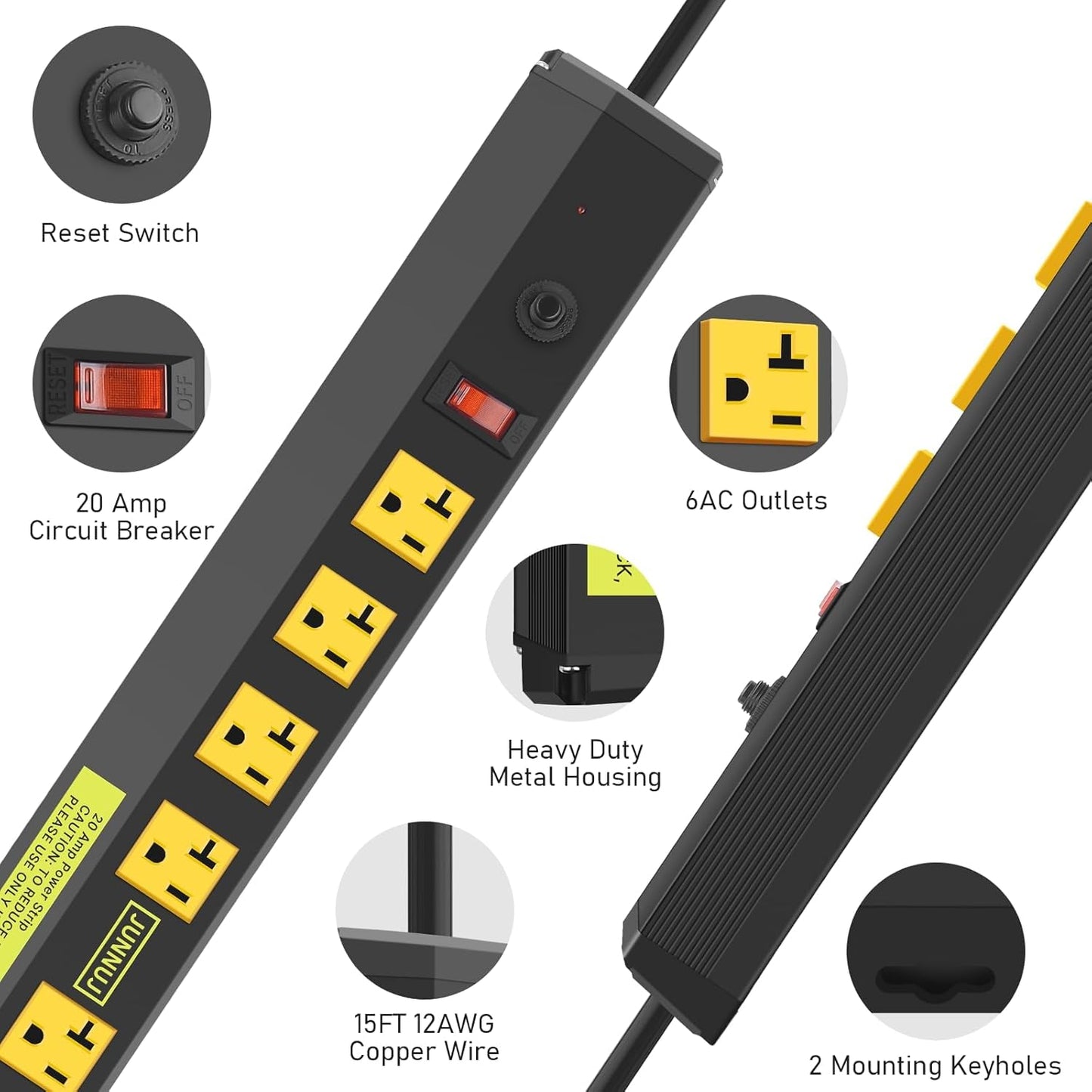 JUNNUJ Heavy Duty Metal Power Strip 20 Amp, High Amp Surge Protector 6 Outlet, 20A Power Strips Workshop Industrial Outlets Wide Spaced 6-20R T-Slot with Circuit Breaker, 12 Gauge Extension Cord 15ft