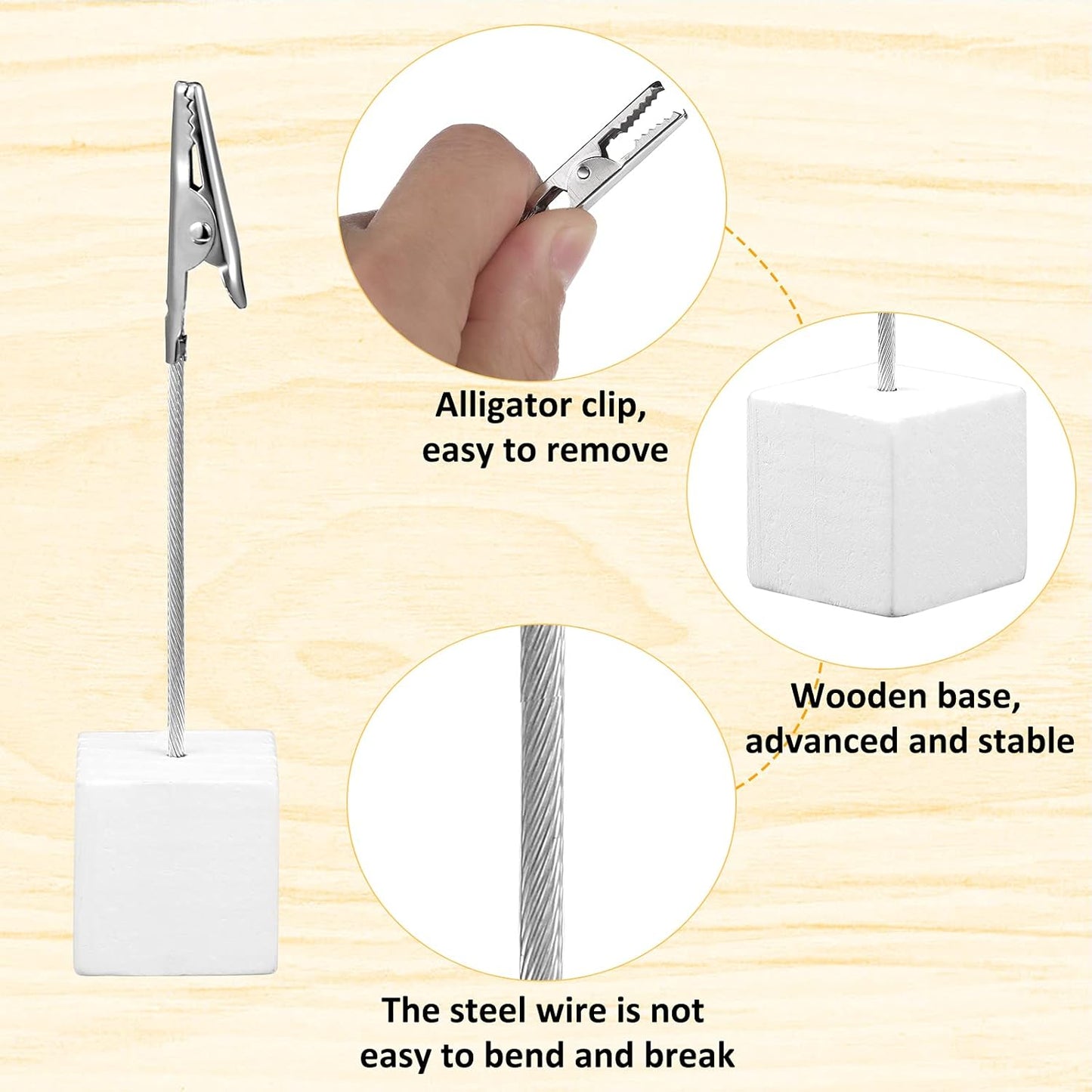 20 Pcs Cube Base Memo Clip Holder with Alligator Clip Wood Table Number Holder Cube Base Place Card Stand Mini Photo Menu Stand for Displaying Number Card(White)