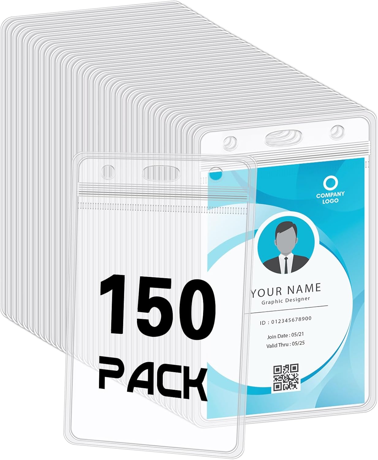 150 Pack Vertical ID Badge Holders Clear Plastic Waterproof Card Holder Resealable for Office Worker Teacher Nurse
