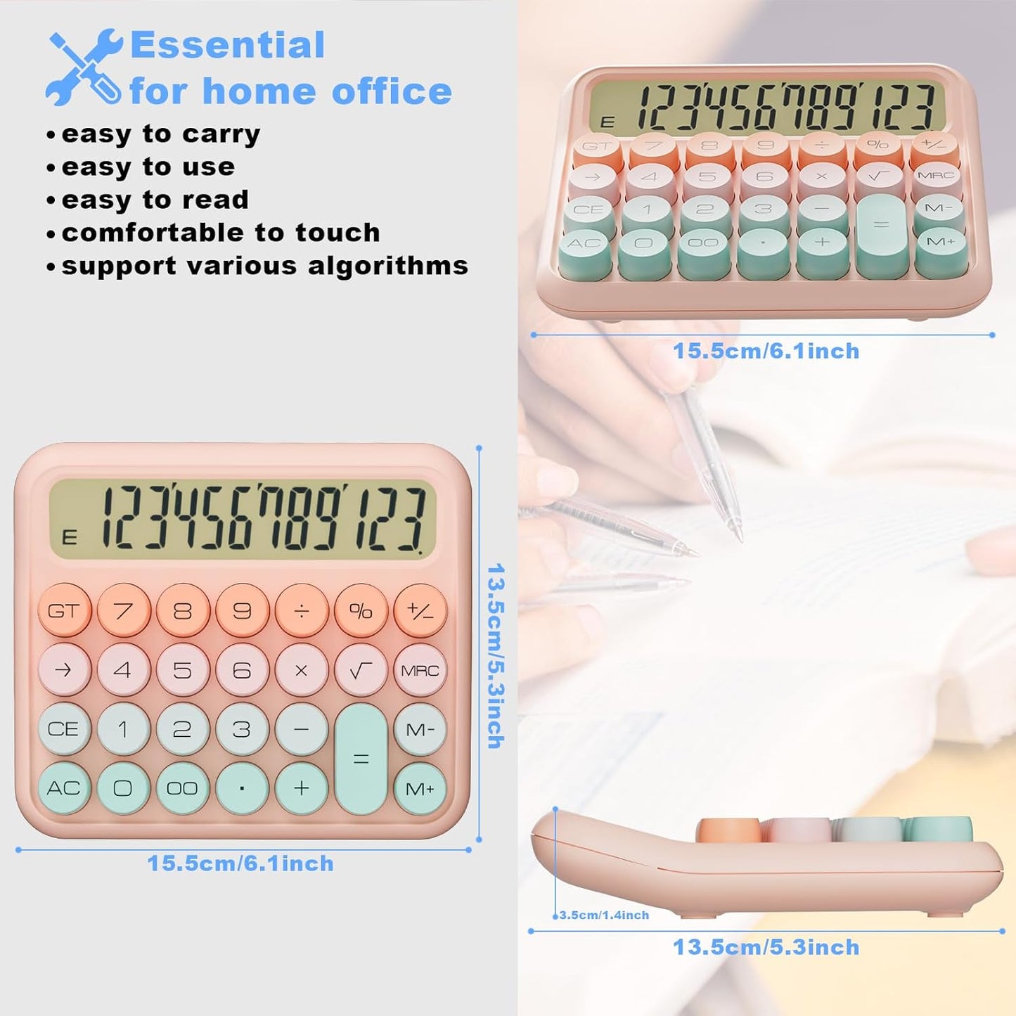 Mechanical Calculator 12 Digit Extra Large 5-Inch LCD Display, DECKLIT Battery Desk Calculator, Big Buttons Easy to Press Office Calculators Desktop, 15°Tilt Screen for Kids Calculator(Green&Pink)