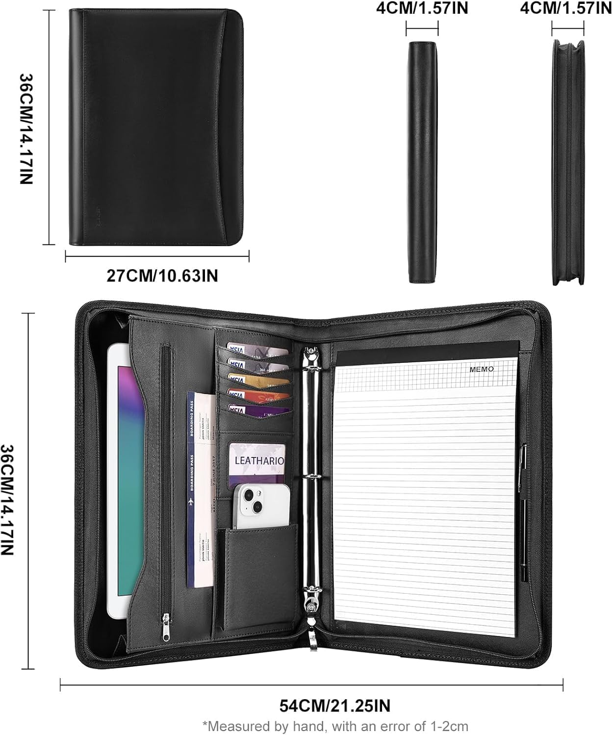 Leathario Portfolio Binder, Includes 10 Sheet Protectors and 3 Notepads, 3-Ring Folder Organizer, A4 Padfolio with Zipper, Vegan Leather Tablet Sleeve, Business Office Conference Clipboards
