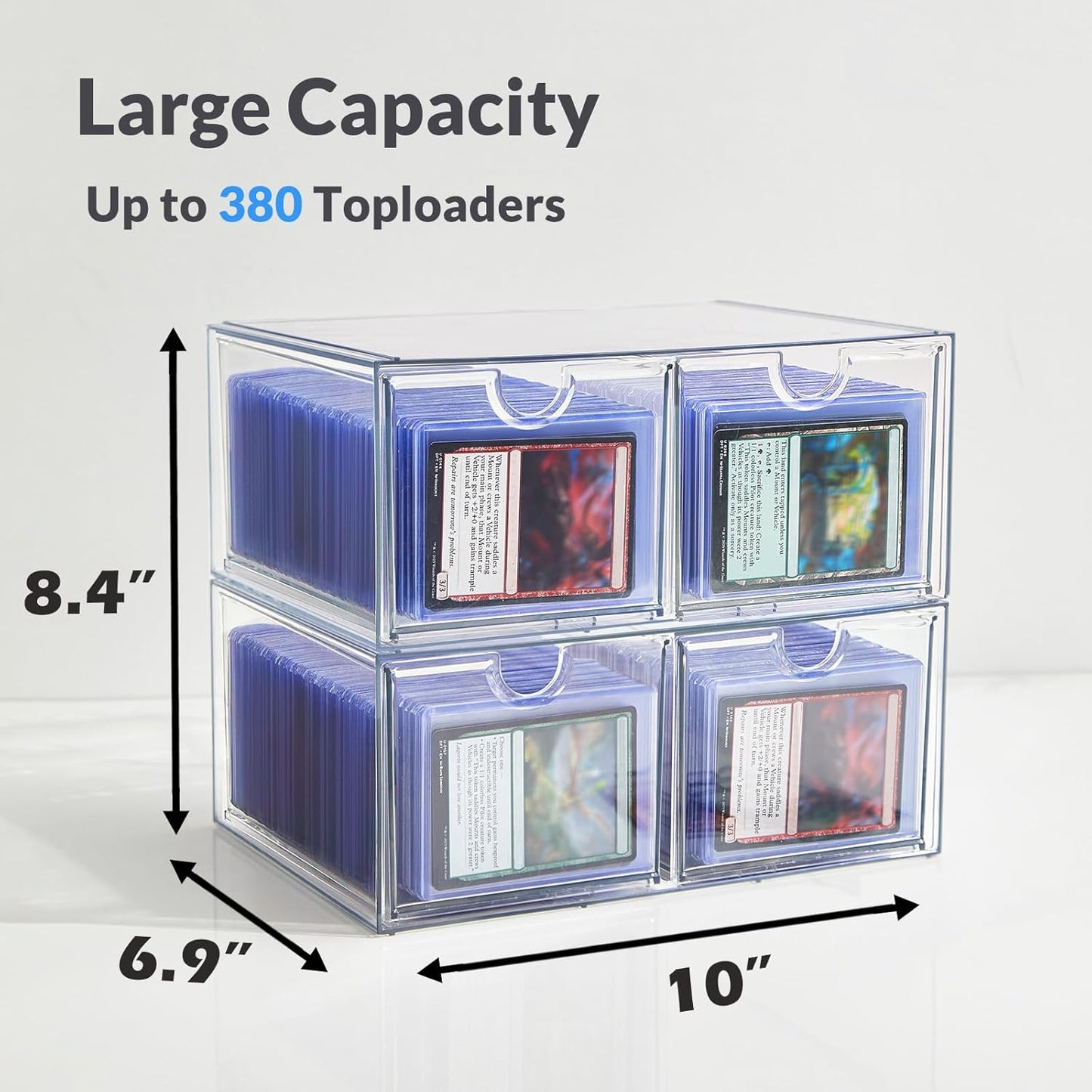 4 Drawer Trading Card Storage Box for Toploader & Magnetics, Clear Card Organizer with Divider for TCG, MTG, Sports Cards, Holds 380+ Top Loaders