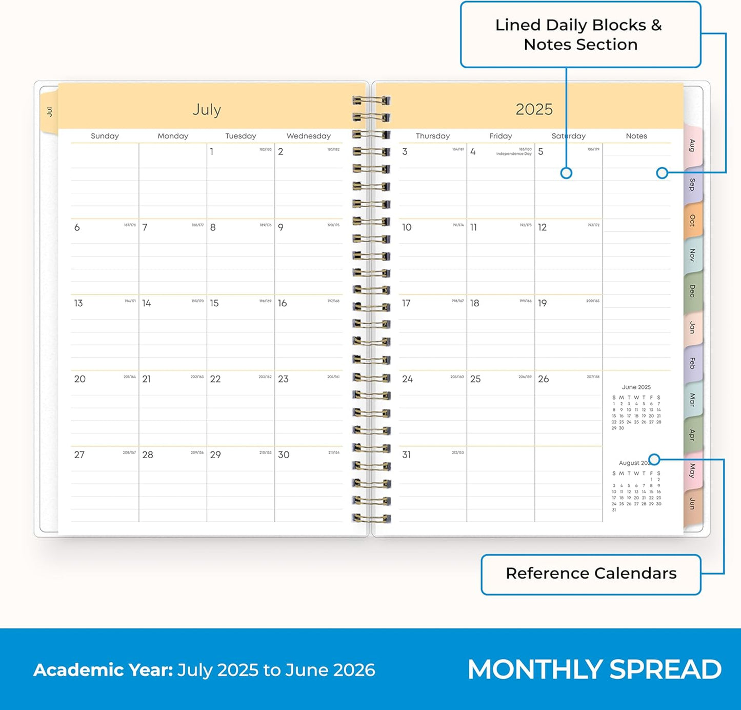 Blue Sky 2025-2026 Academic Year Weekly and Monthly Planner Calendar, July 2025 - June 2026, 12-Month, 5.8" x 8.6", Flexible Cover, Wirebound, Laminated Tabs, Storage Pocket, Borealis