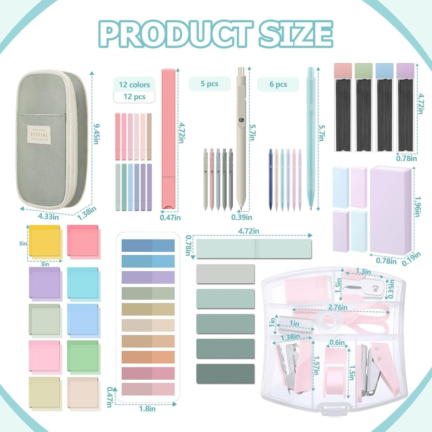 60 Pcs Aesthetic Book Annotation Kit School Supplies Cute Pencil Case with Highlighter Gel Pen Mechanical Pencil Magnetic Bookmarks Transparent Sticky Note Tabs Student Stationary(Light Green)