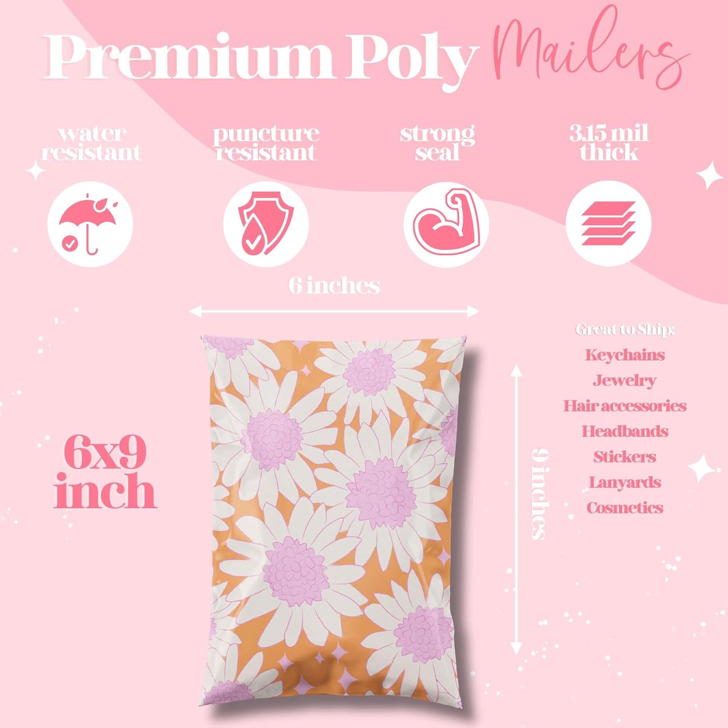 6x9 Designer Poly Mailer 100 Pack Heavy Duty Waterproof Self Seal Shipping Bags for Small Business Large Mailing Envelopes Bulk Tear Resistant Cute Packaging Pink Blooms Flowers