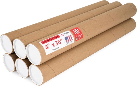 4" x 36" Heavy-Duty Reinforced Cardboard Mailing Tube, Pack of 6 Tubes with 12 Caps – Secure USPS Approved – Great for Shipping and Storing of Prints, Artwork, Posters or Documents