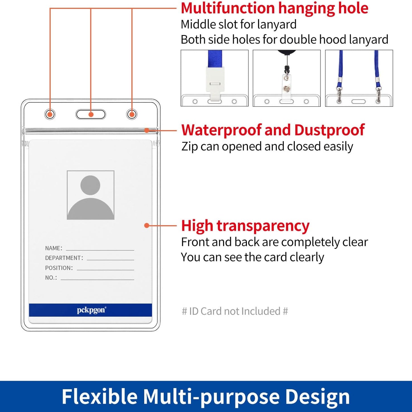 50 Pack Vertical ID Badge Holder, Clear Plastic Work Key Card Sleeve, Name Tag Holders Cover Protector with Waterproof Resealable Zip Type for Nurses Lanyard, Fits Credit Size Cards