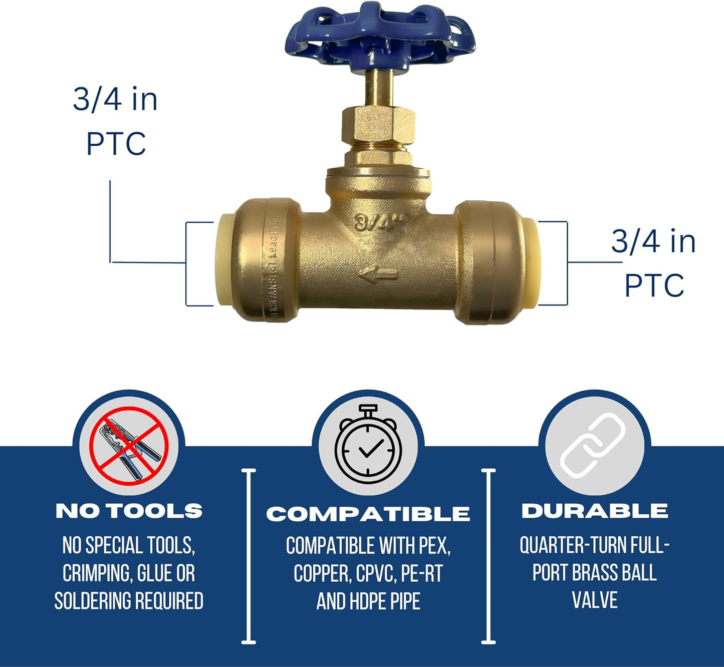 3/4 inch Push Fit Stop Valve with Drain and Vent, Push to Connect Brass Plumbing Fitting, Pex Pipe, Copper, CPVC, PE-RT, HDPE, 2-5-2=1, 1 Piece