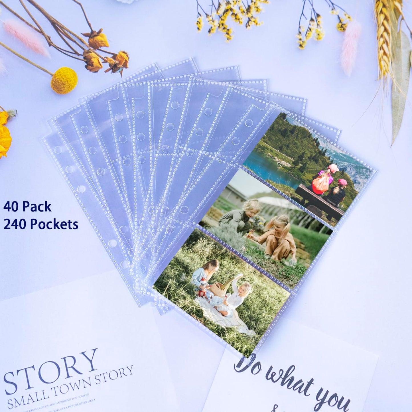 40 Pack 240 Pockets A6 Binder Business Card Sleeves, Ultra-Clear K-pop Photocard Sleeves, Double Sided 3 Pocket 6 Ring Planner Refill Pages for Business Card, Credit Card and K-pop Photocard