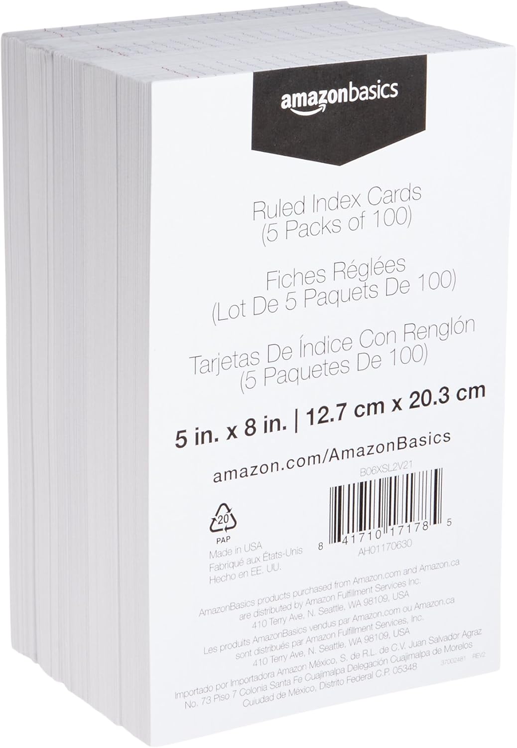 Amazon Basics Ruled Lined Index Note Cards, 500 Count, 5 Pack of 100, White, 5 in x 8 in