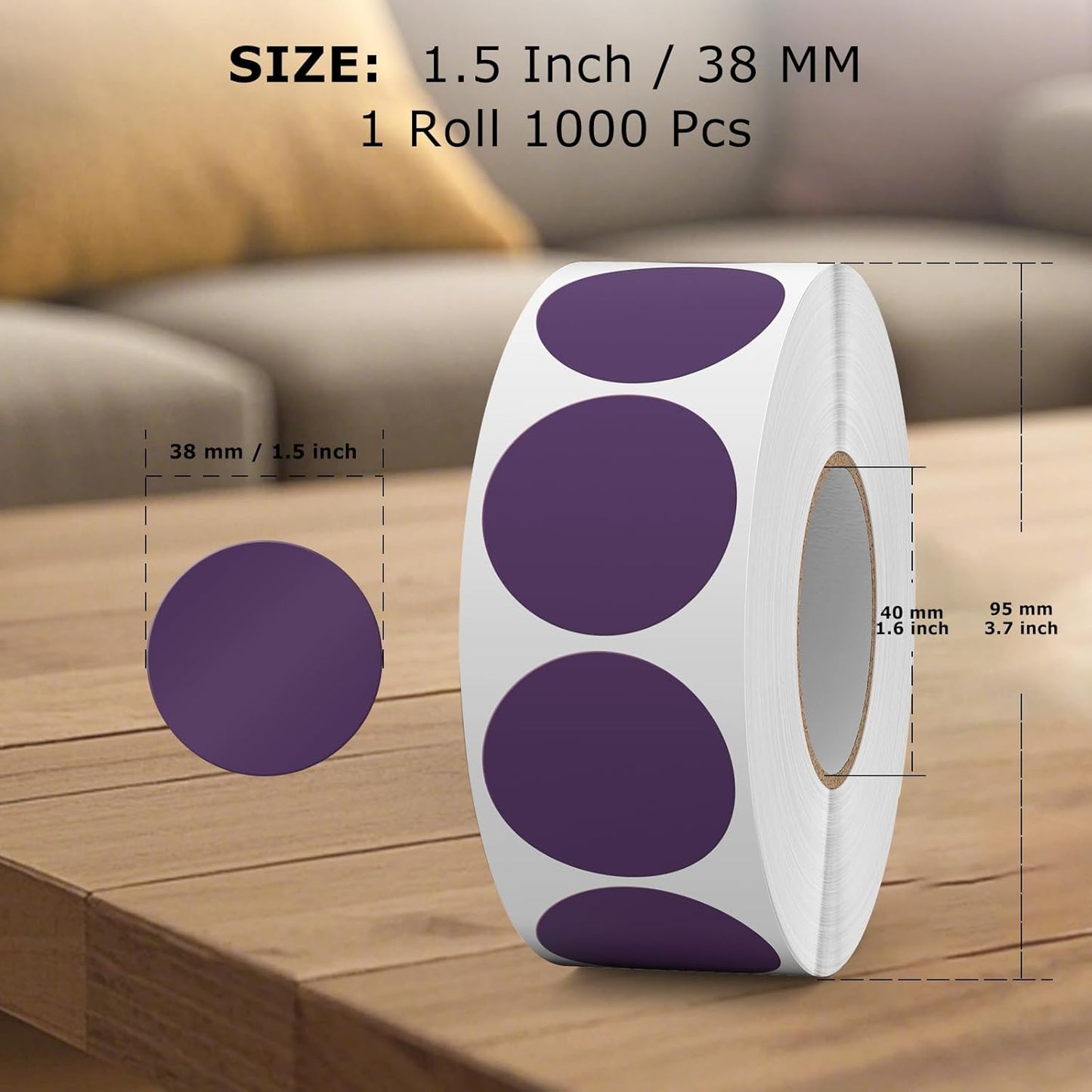 1000 PCS Colored Dot Stickers 1.5 Inch Vinyl Purple Circle Labels Removable Waterproof Color Coding Round Sticker for Office Inventory Organize