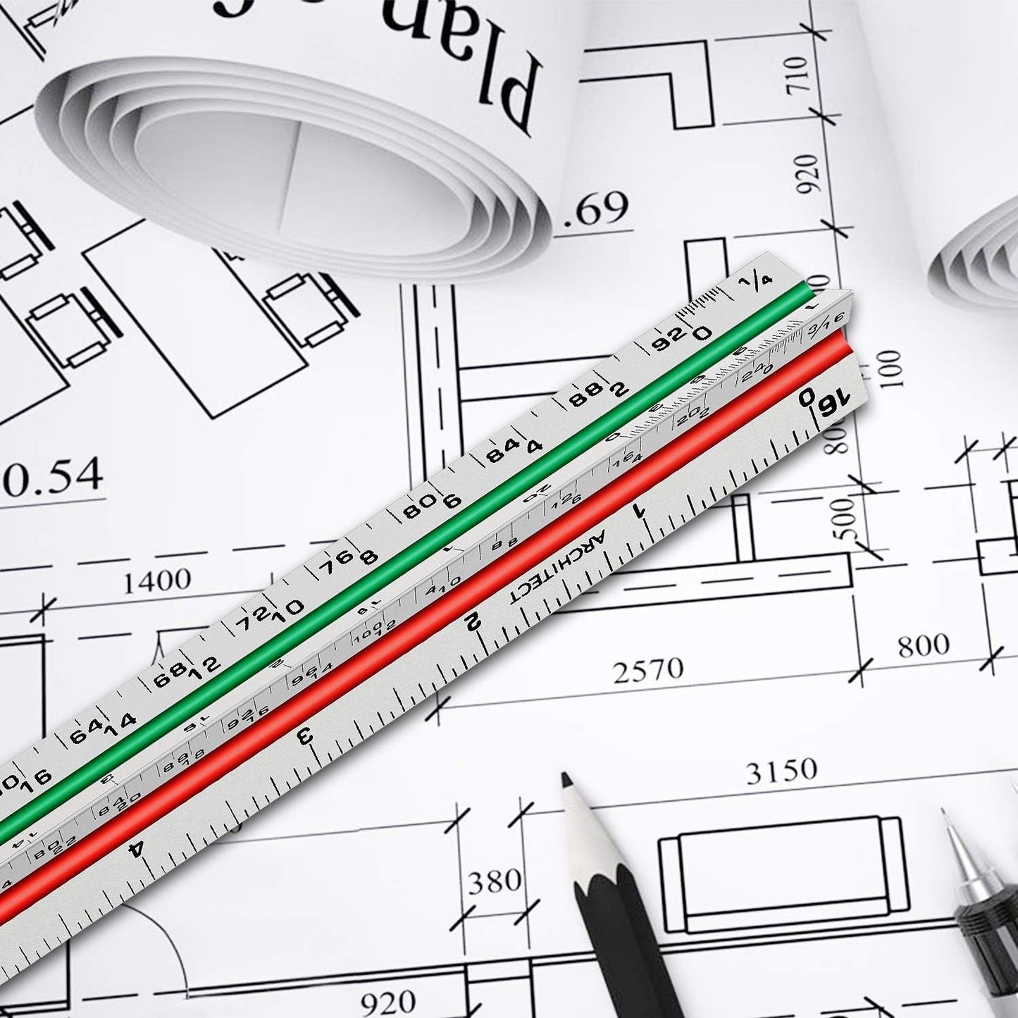 12" Architectural Scale Ruler Aluminum Architect Scale Triangular Scale Ruler for Architects, Draftsman, Students and Engineers, Color-Coded (1 Pack)